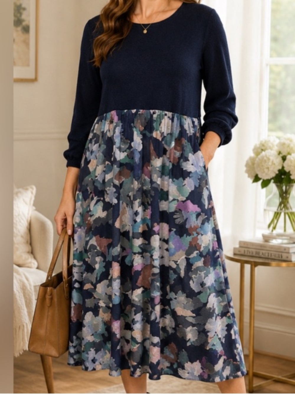POETRY • 100% Wool & Lyocell • Navy • Floral Midi Dress • Large